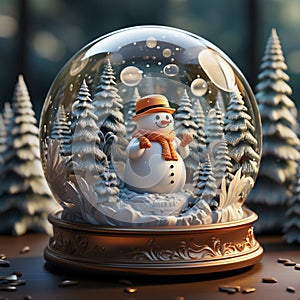 Christmas greeting card, Winter wonderland with little town,Christmas tree and snowman inside with snow globe, Generative AI