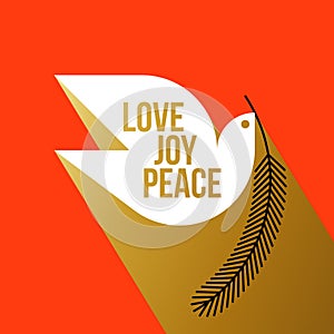 Christmas greeting card with wishes of peace love joy and white dove holding fir tree branch