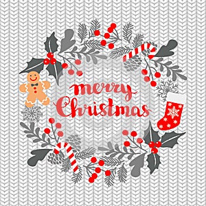 Christmas greeting card with wreath, Christmas socks and gingerbread Man on a knitted seamless background.Winter Christmas frame,