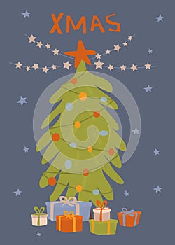 Christmas greeting card with xmas tree, gift boxes and star garland vector illustration