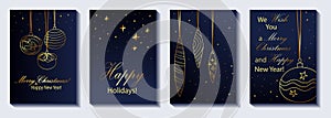 Christmas greeting cards with golden baubles vector illustration