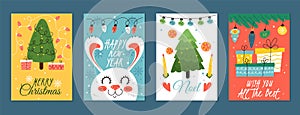 Christmas greeting cards. Holiday new year posters, cartoon xmas elements, congrats postcards, decorated fir-trees