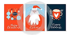 Christmas greeting cards or tags with lettering and hand drawn design elements. Postcard or invitation template.