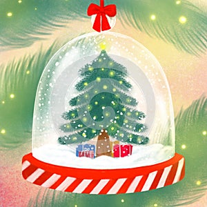 Christmas greeting color hand drawn cute illustration. snow globe and christmas tree in it