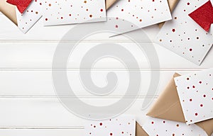 Christmas greeting envelope card old vintage fashion on white wooden table background