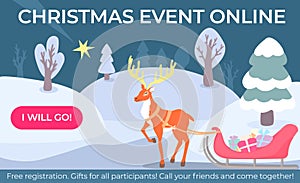 Christmas greeting illustration with horned deer and sleigh