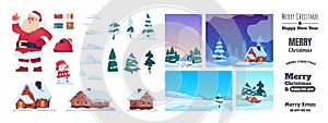 Christmas greeting kit. Holiday postcard construction. Santa Claus with presents, winter landscapes and houses. Pine or
