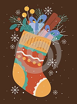 Christmas greeting New Year card with sock and decor, twigs, snowflakes, gift boxes, leaves, cinnamon. Vector illustration