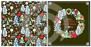 Christmas greeting olive-green craft card and wallpaper with Xmas wreath with baubles, gingerbread, snowy trees and conifer, angel