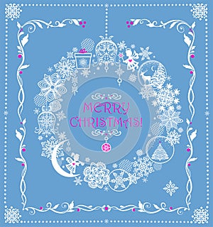 Christmas greeting pastel blue card with hanging craft wreath with paper cutting snowflakes, little angels, jingle bell, Xmas tree