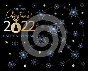 Christmas greeting poster. Spiral 2022. New year background with snowflakes and stars. Christmas