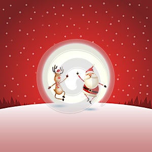 Christmas greeting - Santa Claus and Reindeer on red night moonlight winter landscape