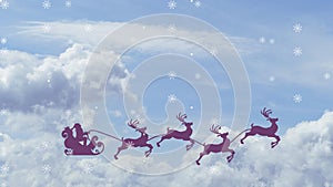 Christmas greeting with Santa Claus in a sleigh with the reindeer flying