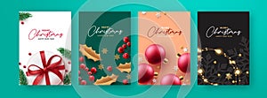 Christmas greeting set vector poster design. Merry christmas and happy new year gift card lay out collection