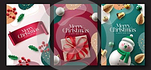 Christmas greeting text vector poster set. Merry christmas and happy new year greeting card with xmas holiday decoration elements