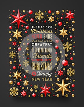 Christmas greeting type design in frame which is made from stars, ruby gems golden snowflakes and beads