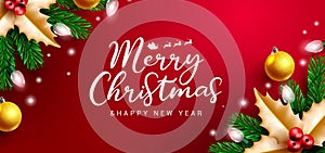 Christmas greeting vector background design. Merry christmas typography text in red space decoration.