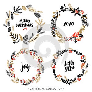 Christmas greeting wreaths with calligraphy. photo