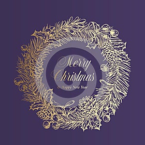 Christmas Greetings Advert Vector Banner Template. Winter Holiday Symbol Doodle Sketch Wreath on Purple Background. Xmas photo