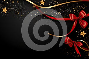 Christmas greetings banner with swirl ribbons and stars on black colour background.