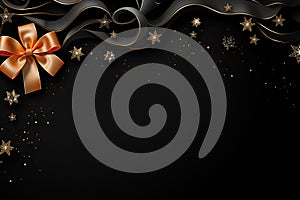 Christmas greetings banner with swirl ribbons and stars on black colour background