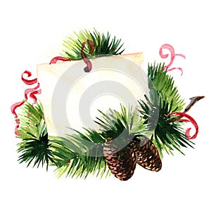 Christmas greetings. Greeting card with pine cone and red ribbon
