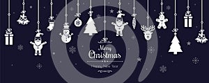Christmas greetings ornament elements hanging in blue background