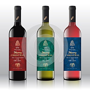 Christmas Greetings Wine Bottle Labels Concept. Red, White and Pink Wine Set on the Realistic Vector Bottles. Winter