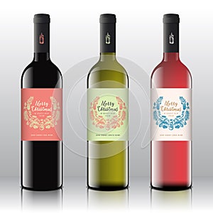 Christmas Greetings Wine Bottle Labels Concept. Red, White and Pink Wine Set on the Realistic Vector Bottles. Winter