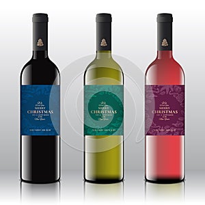 Christmas Greetings Wine Bottle Labels Concept. Red, White and Pink Wine Set on the Realistic Vector Bottles. Winter