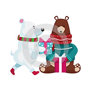 Christmas grizzly bears with gift boxes, flat design
