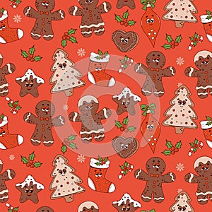 Christmas groovy seamless pattern. Trendy retro cartoon characters gingerbread man, cookies, tree, Xmas stocking and