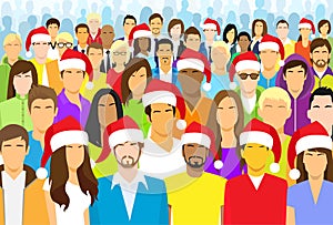 Christmas Group of People Wear Santa Hat Big Crowd