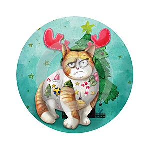 Christmas Grumpy Cat watercolor illustration