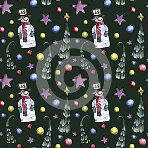Christmas hand draw watercolor seamless pattern with funny snowman