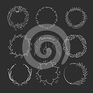 Christmas hand drawing wreath and ornament wedding decoration in doodle style vector set