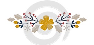 Christmas Hand Drawn branch and flower Vector Border divider. Design Elements Decoration Wreath and Holidays symbol with