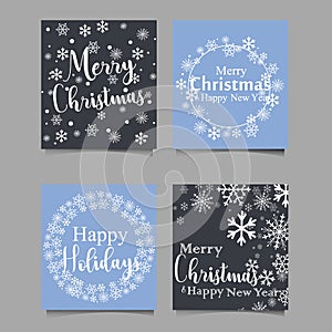 Christmas hand drawn cards with Christmas trees, snowflakes, fir branch, balls and wreath. Vector illustration.