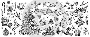 Christmas hand drawn decorations, vector elements. Traditional Christmas tree, truck, Santa Claus, fir, wreath.