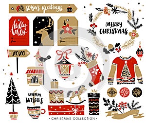 Christmas hand drawn design elements with calligraphy.