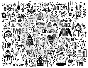 Christmas hand drawn doodle illustration. Xmas, Happy new Year set in sketch style. Santa Claus, animals, lettering