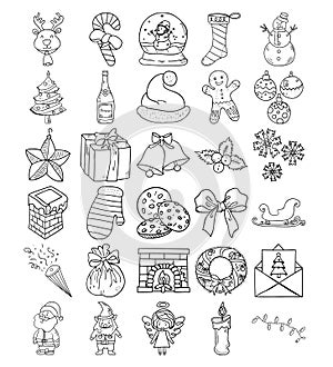 Christmas Hand Drawn Doodle Line Art Outline Set