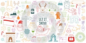 Christmas hand drawn doodles. Cute winter xmas holidays elements, Christmas tree, reindeer and Santa Claus vector