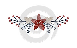 Christmas Hand Drawn Floral poinsettia Vector Border divider. Design Elements Decoration Wreath and Holidays symbol with