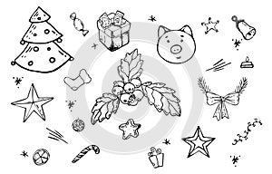 Christmas hand-drawn line icons and decorations on white background. Vector set icons with christmas symbols and objects for xmas