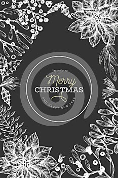 Christmas hand drawn vector design template. Vintage style illustration on chalk board