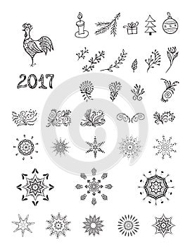 Christmas Hand drawn vector elements. Black and white.