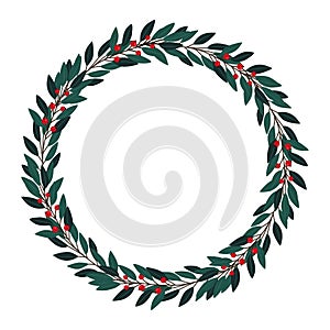 Christmas hand drawn wreath with leaves, branches, berries. Winter floral cozy elements. Vector floral frames. Happy New Year