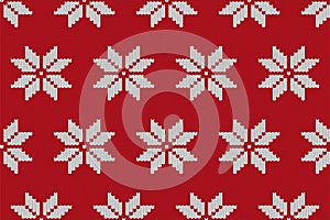Christmas hand-knitted red snowflake seamless pattern. Winter sweater texture. Editable cozy realistic illustration.