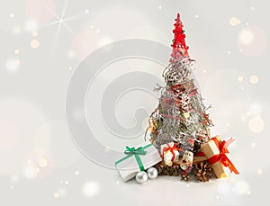 Christmas hand made fir isolated. Green red decoration banner craft paper red gift boxes lights garland. Recycle nature